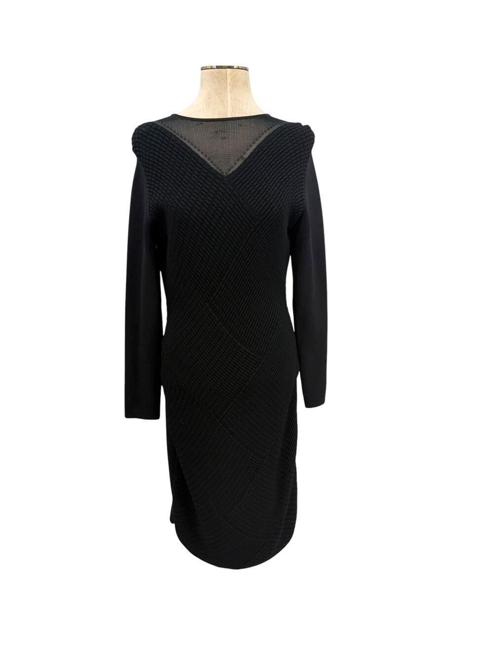 Reiss Aleena Textured Sheath Dress Illusion Mesh Long Sleeve Black US 8 UK‎ 12